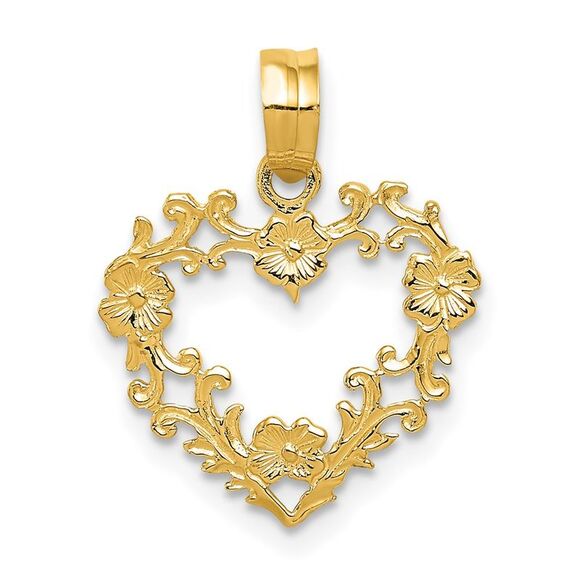 14k Yellow Gold Floral Cutout Heart Pendant 15mm